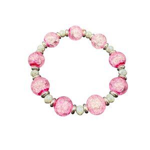 Pink Gray Ball Beaded Stretch Bangle Bracelet Silver Tone Beach Vacation
